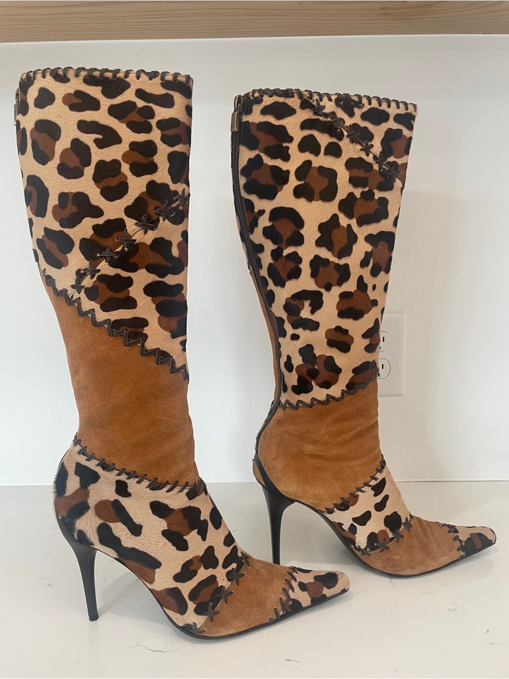 Casadei Leopard Pony Hair and Brown Suede Knee-High Stiletto Boots - Picture 4 of 13